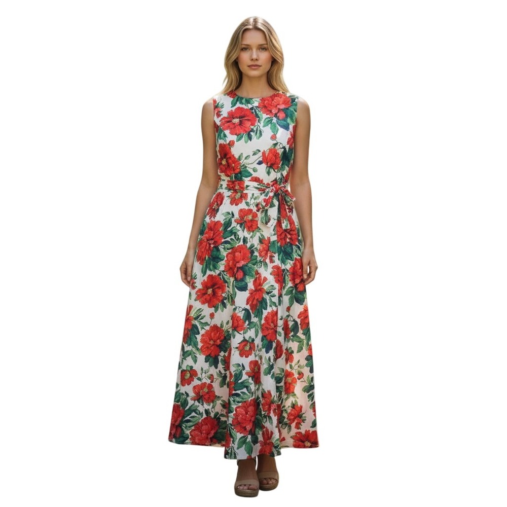 Entro Womens Red Floral Sleeveless Belted Maxi Dress White Small Summer Boho